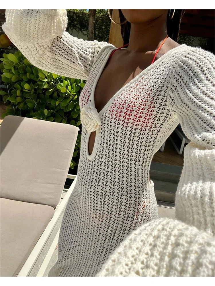Flower Hollow-out Knitting Long Sleeves Dress 12 Flower Hollow-out Knitting Long Sleeves Dress - Image 10