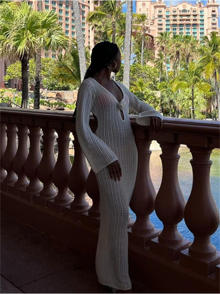 Flower Hollow-out Knitting Long Sleeves Dress 14 Flower Hollow-out Knitting Long Sleeves Dress - Image 12