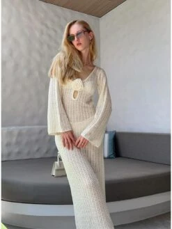Flower Hollow-out Knitting Long Sleeves Dress 33 Flower Hollow-out Knitting Long Sleeves Dress -Define Your Shop P 20240608083610393 991