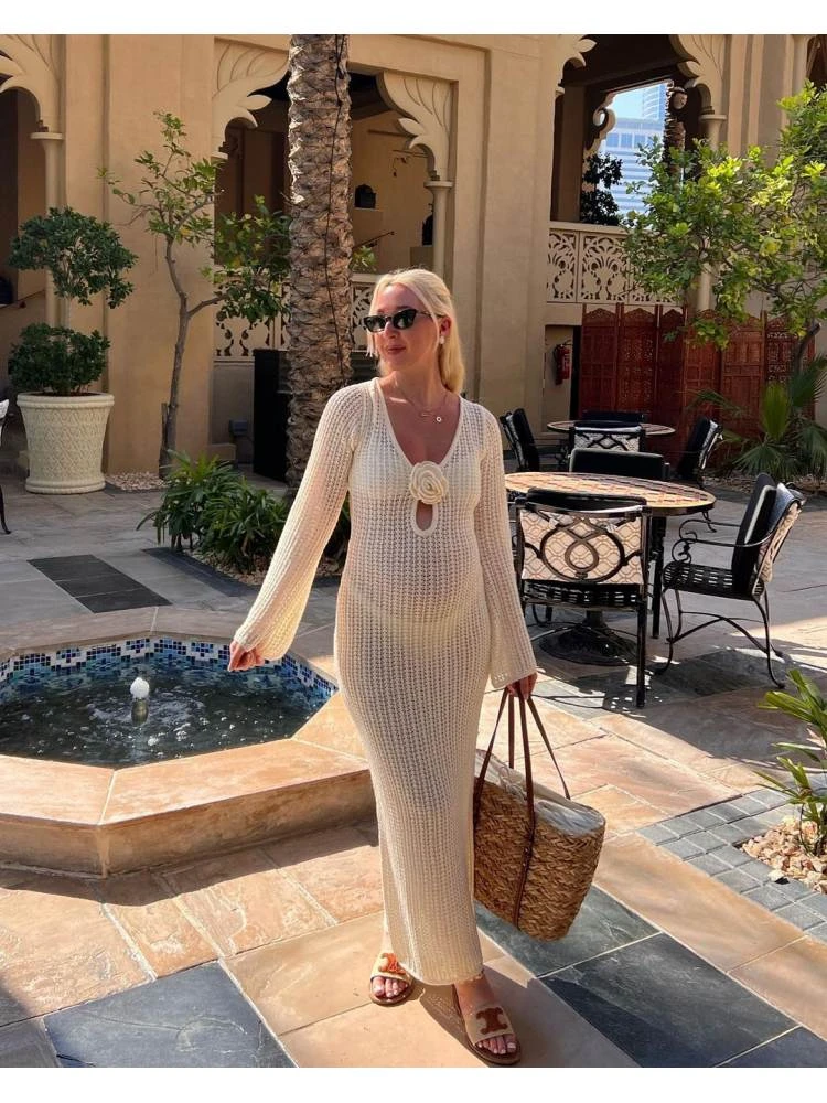 Flower Hollow-out Knitting Long Sleeves Dress 19 Flower Hollow-out Knitting Long Sleeves Dress - Image 17