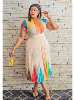 Colorblock Pleated Swing Short Sleeve Dress -Define Your Shop P 20240608121619505 627