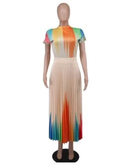 Colorblock Pleated Swing Short Sleeve Dress -Define Your Shop P 20240608121620527 400