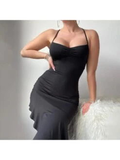 Halter Patchwork Ruffle Backless Midi Dresses -Define Your Shop P 20240608135207800 897