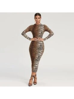 Tiger Striped Leopard Long Sleeves Maxi Dress -Define Your Shop P 20240612092830432 938