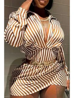 Striped V Neck Collar Shirt Dress
