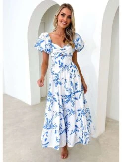 Bohemian Print Puff Sleeve Maxi Dress