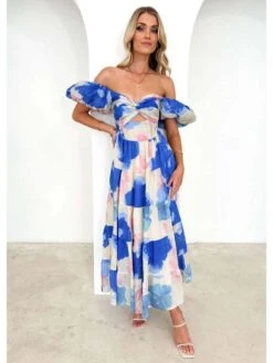 Ruffle Boat Neck Off Shoulder Maxi Dress