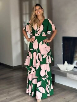 Print High Rise Tiered Short Sleeve Dress