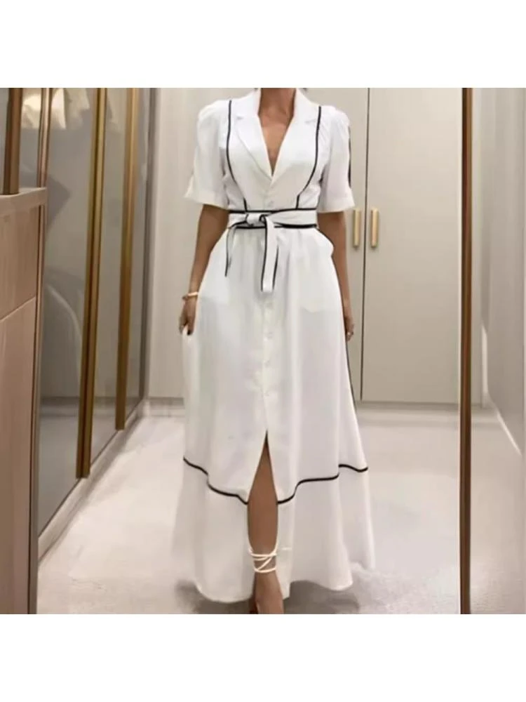 Colorblock Striped Split Hem Lace-Up Short Sleeve Dress 3 Colorblock Striped Split Hem Lace-Up Short Sleeve Dress