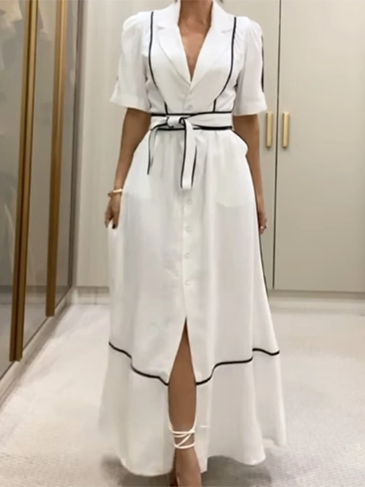 Colorblock Striped Split Hem Lace-Up Short Sleeve Dress 6 Colorblock Striped Split Hem Lace-Up Short Sleeve Dress - Image 4