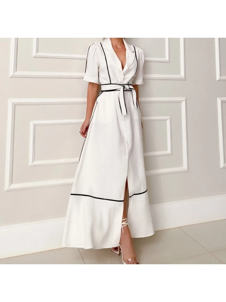 Colorblock Striped Split Hem Lace-Up Short Sleeve Dress 8 Colorblock Striped Split Hem Lace-Up Short Sleeve Dress - Image 6