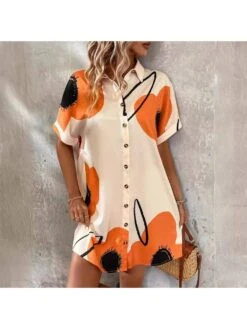 Floral Short Sleeve Single Breasted Dress