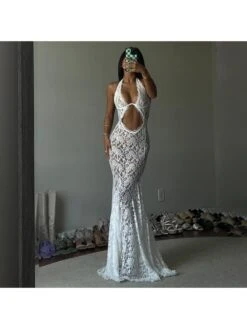 Patchwork Halter Neck Lace Sleeveless Maxi Dresses