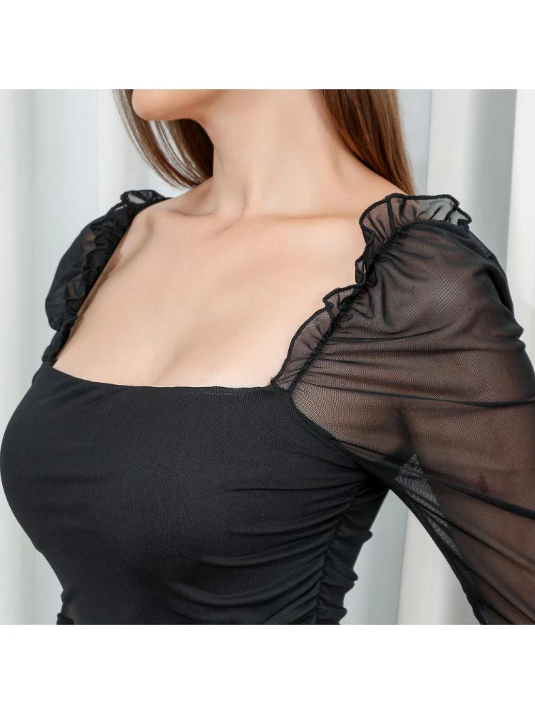 Patchwork Square Neck Sheath Dress Long Sleeves Dress 6 Patchwork Square Neck Sheath Dress Long Sleeves Dress - Image 4