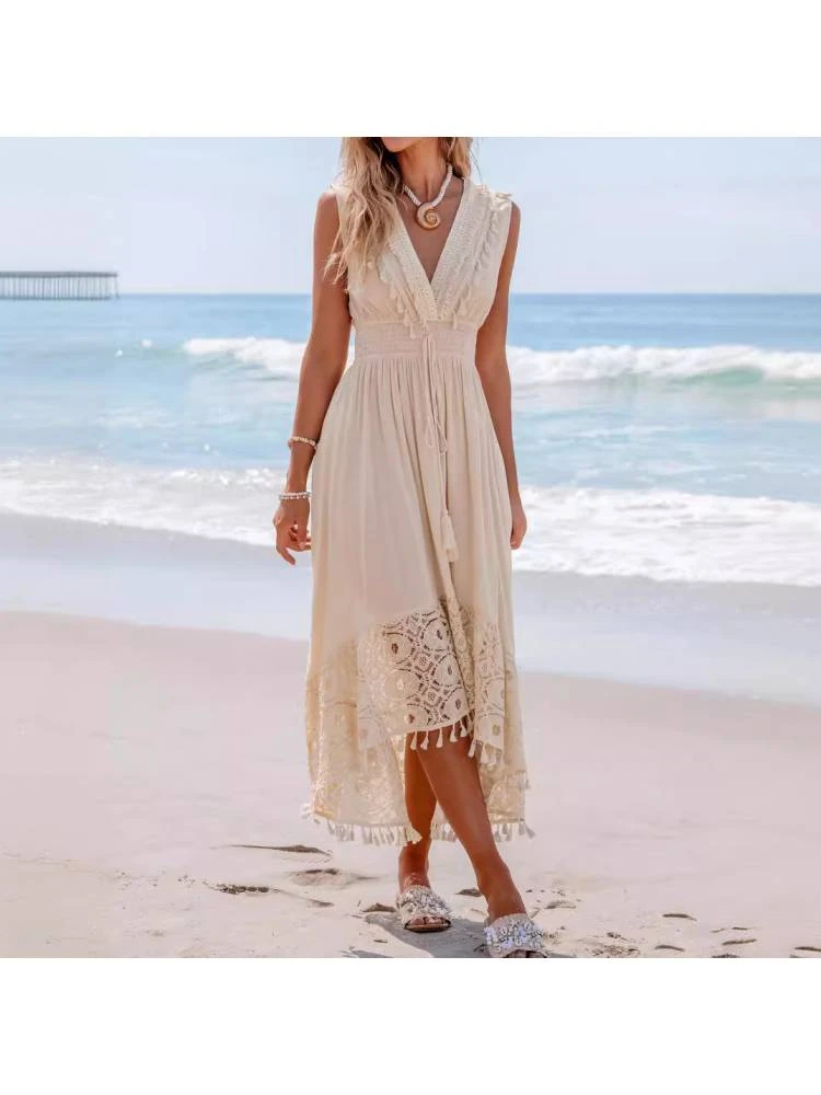 Fringe Lace Panel V Neck Sleeveless Dresses 3 Fringe Lace Panel V Neck Sleeveless Dresses