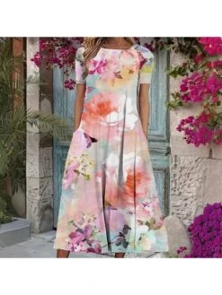 Floral A-line Short Sleeve Midi Dress