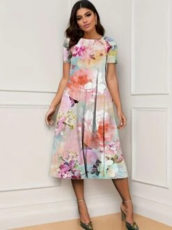 Floral A-line Short Sleeve Midi Dress -Define Your Shop P 20240621110007908 599