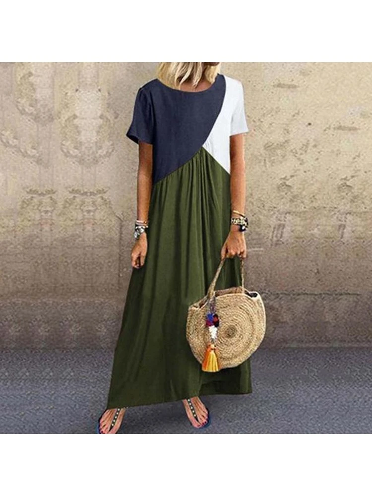 Colorblock Geometric Pattern Short Sleeve Maxi Dresses 4 Colorblock Geometric Pattern Short Sleeve Maxi Dresses - Image 2