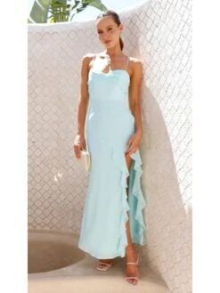 Solid Color Split Hem Ruffle Spaghetti Straps Chiffon Dresses