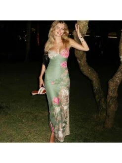 Flower Printed V Neck Sleeveless Dress