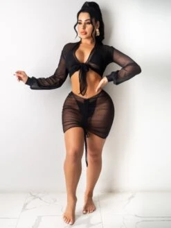 Solid Sexy Gauze Cropped Top 4 Piece Swimsuits